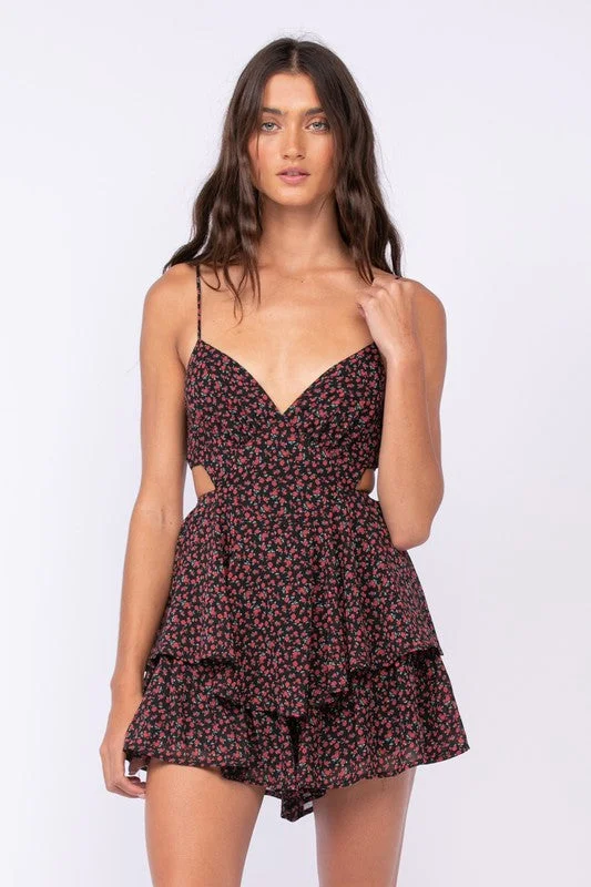 Aristea Black Floral Cutout Romper Dress