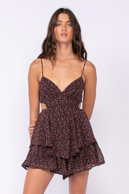 Aristea Black Floral Cutout Romper Dress