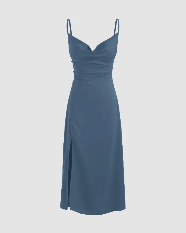 Solid Cowl Neck Slit Midi Dress in Blue