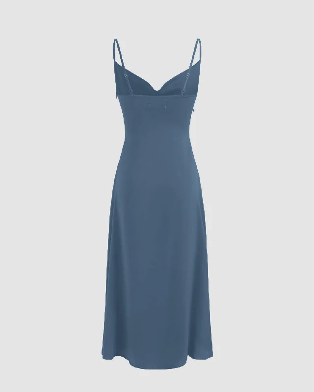 Solid Cowl Neck Slit Midi Dress in Blue