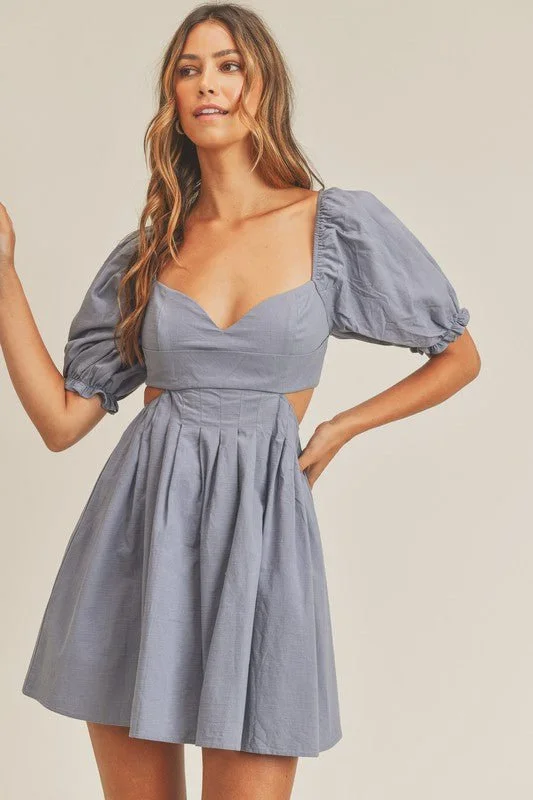 Breaking Hearts Dusty Blue Puff Sleeve Mini Dress