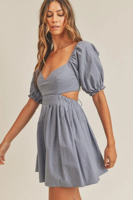 Breaking Hearts Dusty Blue Puff Sleeve Mini Dress