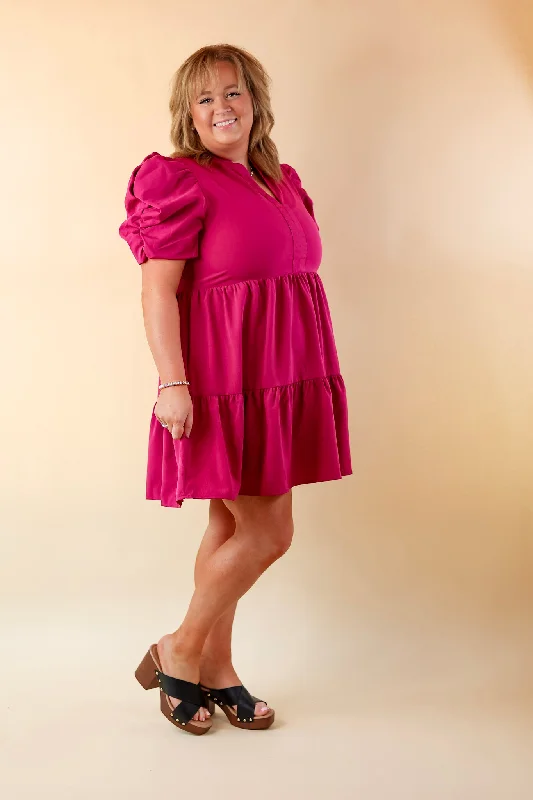 Call Me Chic Balloon Sleeve Short Dress in Magenta Purple