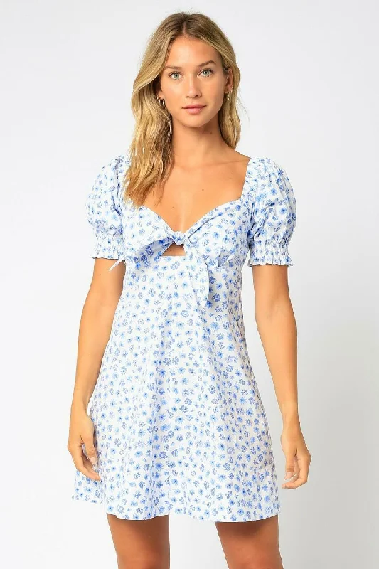 Darling Bloom White and Blue Floral Puff Sleeve Mini Dress