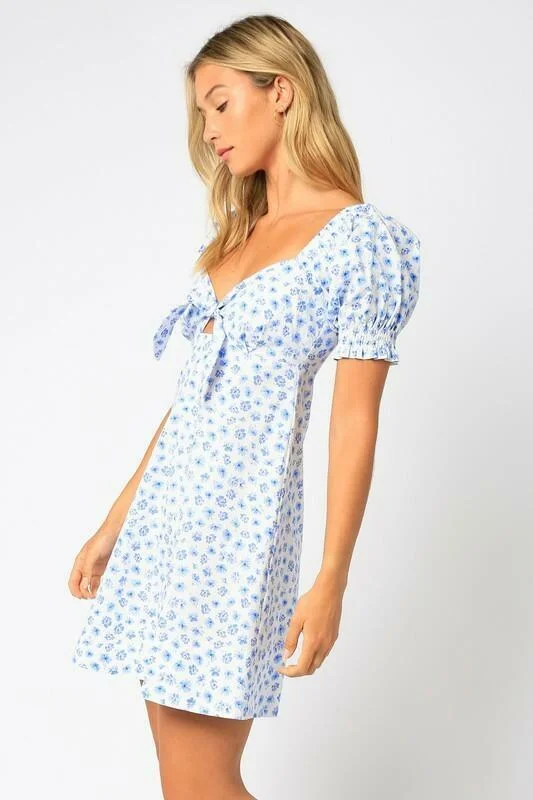 Darling Bloom White and Blue Floral Puff Sleeve Mini Dress