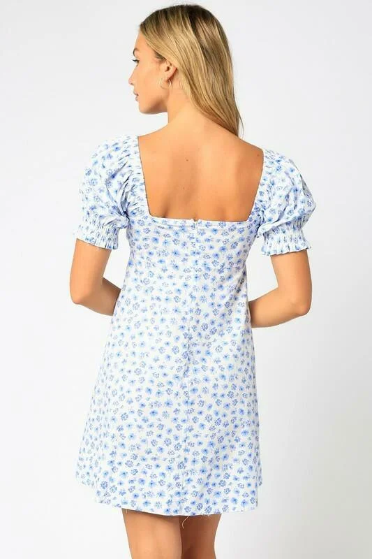 Darling Bloom White and Blue Floral Puff Sleeve Mini Dress