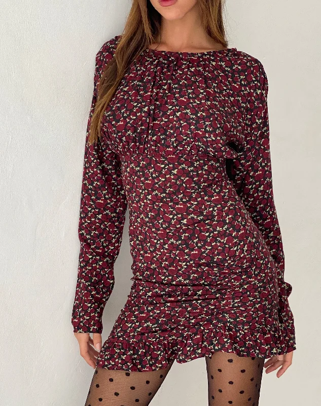 Dawsen Long Sleeve Ruched Mini Dress in Dark Rhoslyn Ditsy Print