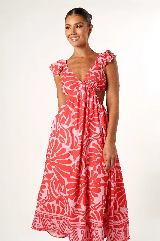 Denali Midi Dress - Red Pink Print