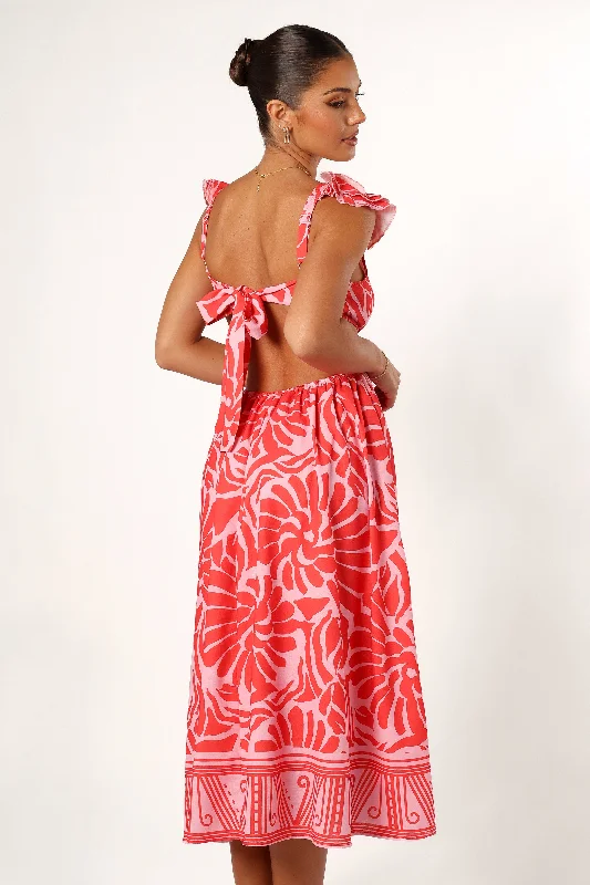 Denali Midi Dress - Red Pink Print