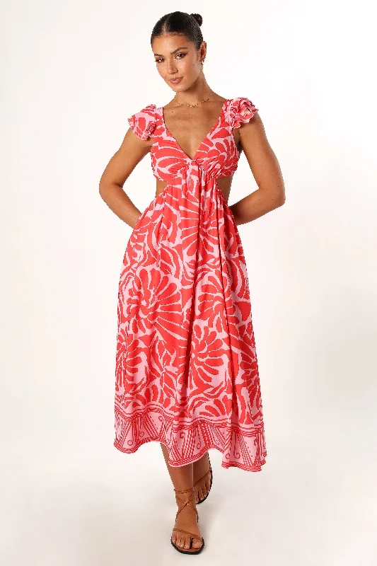 Denali Midi Dress - Red Pink Print