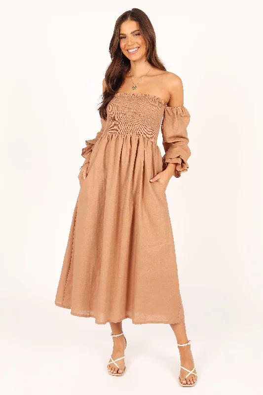 Domenica Shirred Long Sleeve Midi Dress - Tan