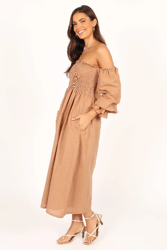 Domenica Shirred Long Sleeve Midi Dress - Tan