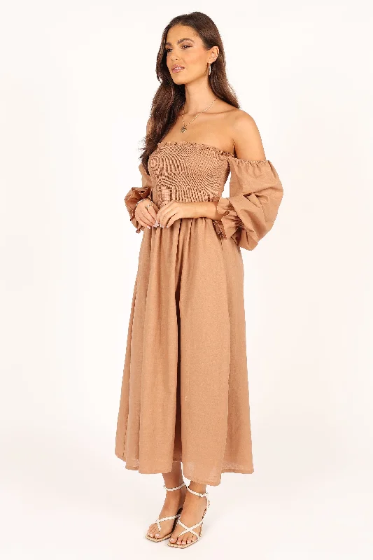 Domenica Shirred Long Sleeve Midi Dress - Tan