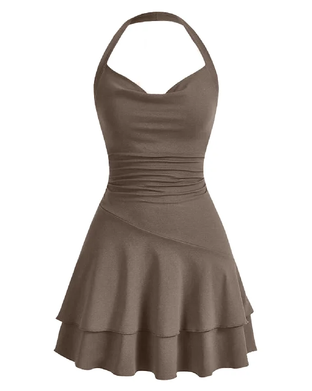 Draped Collar Double Layer Ruffle Halter Neck Ruched Dress In Chocolate Brown