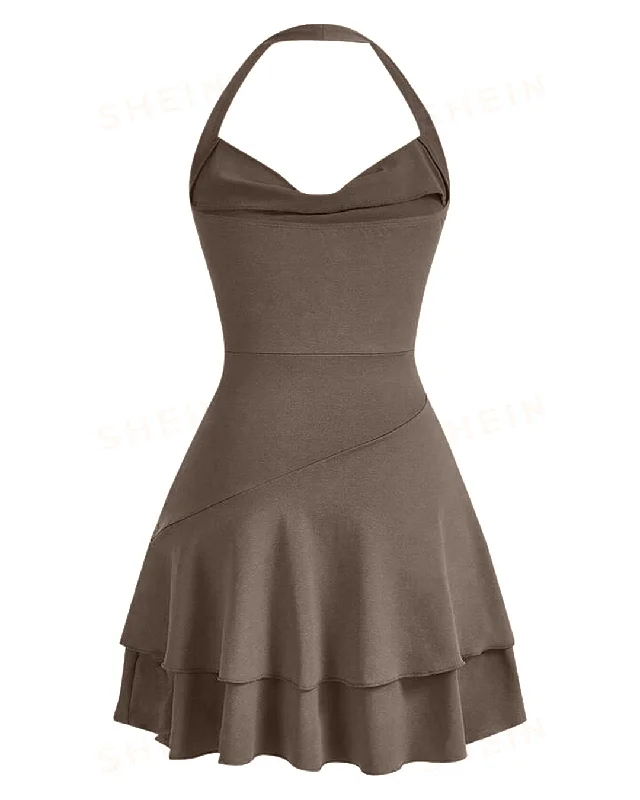 Draped Collar Double Layer Ruffle Halter Neck Ruched Dress In Chocolate Brown