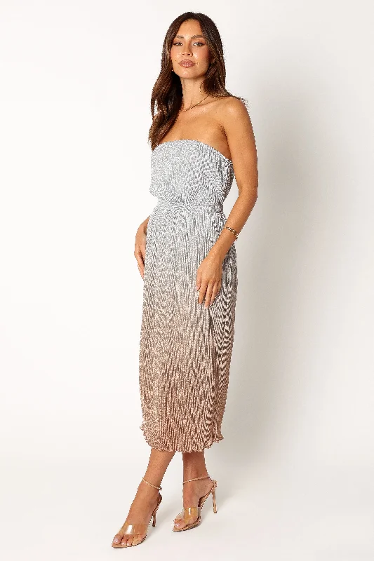 Drew Strapless Midi Dress - Silver Gold