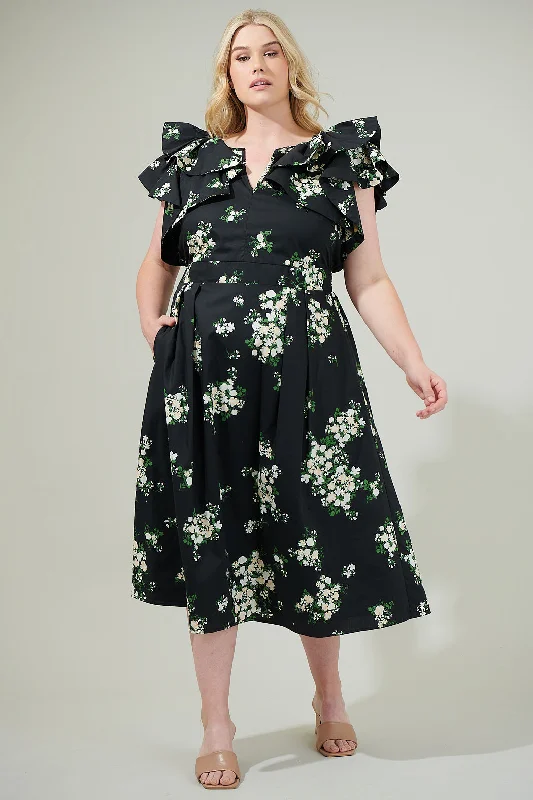 Emery Floral Santana Tie Back Midi Dress Curve