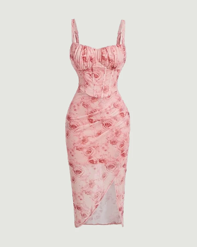 Floral Print Spaghetti Strap Empire Waist Asymmetrical Pink Dress