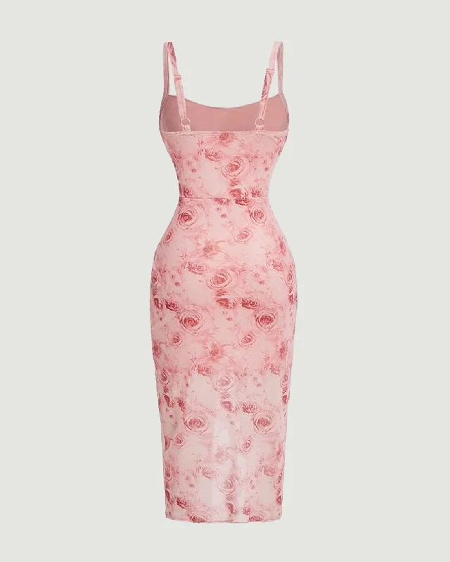 Floral Print Spaghetti Strap Empire Waist Asymmetrical Pink Dress