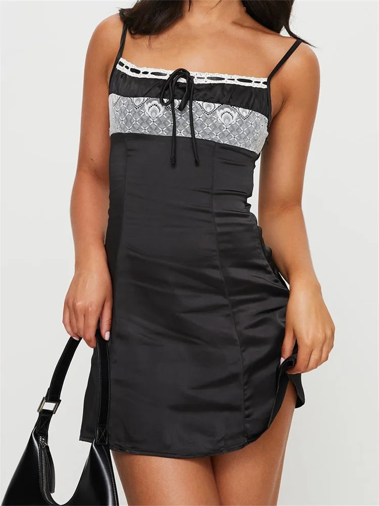 Amy Fashion - Front Tie up Ruched Sleeveless Spaghetti Strap Mini Dress