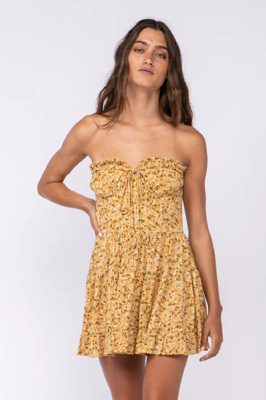 Garden Charm Honey Floral Print Strapless Dress