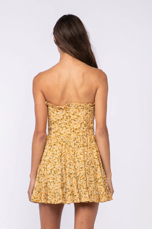 Garden Charm Honey Floral Print Strapless Dress