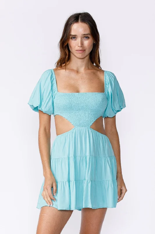 Good To Know Aqua Blue Cutout Puff Sleeve Dress