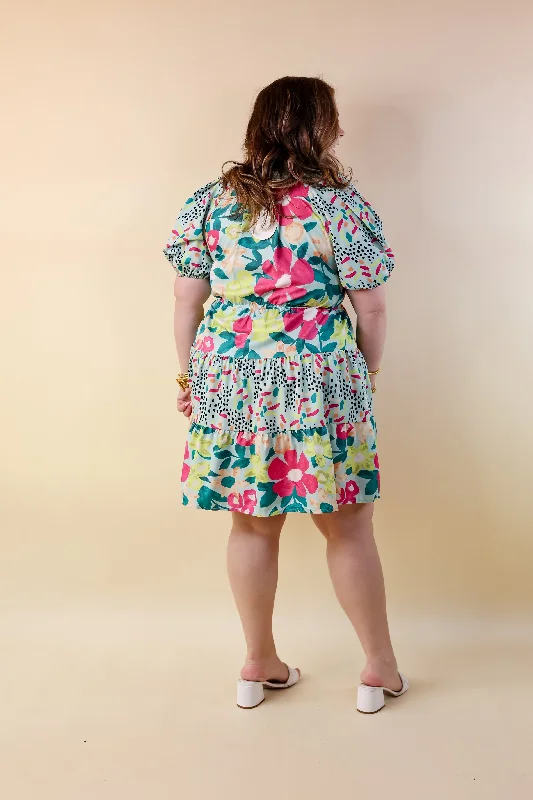 Gramercy Garden Floral Tiered Dress with Short Balloon Sleeves in Light Mint Blue Mix