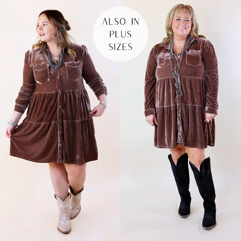 Grateful Gathering Velvet Button Up Dress with Long Sleeves in Almond Brown