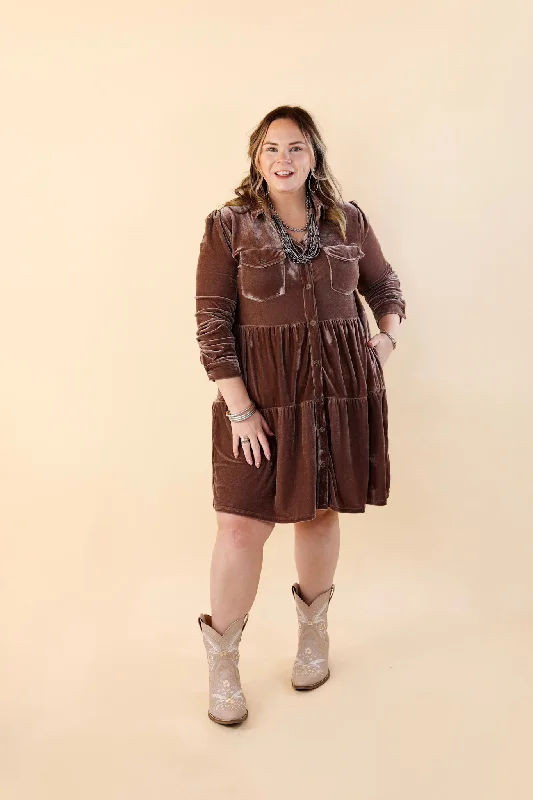 Grateful Gathering Velvet Button Up Dress with Long Sleeves in Almond Brown