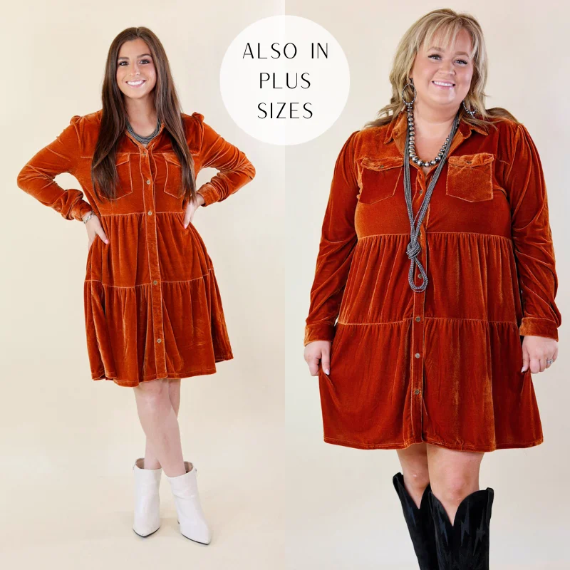 Grateful Gathering Velvet Button Up Dress with Long Sleeves in Burnt Orange