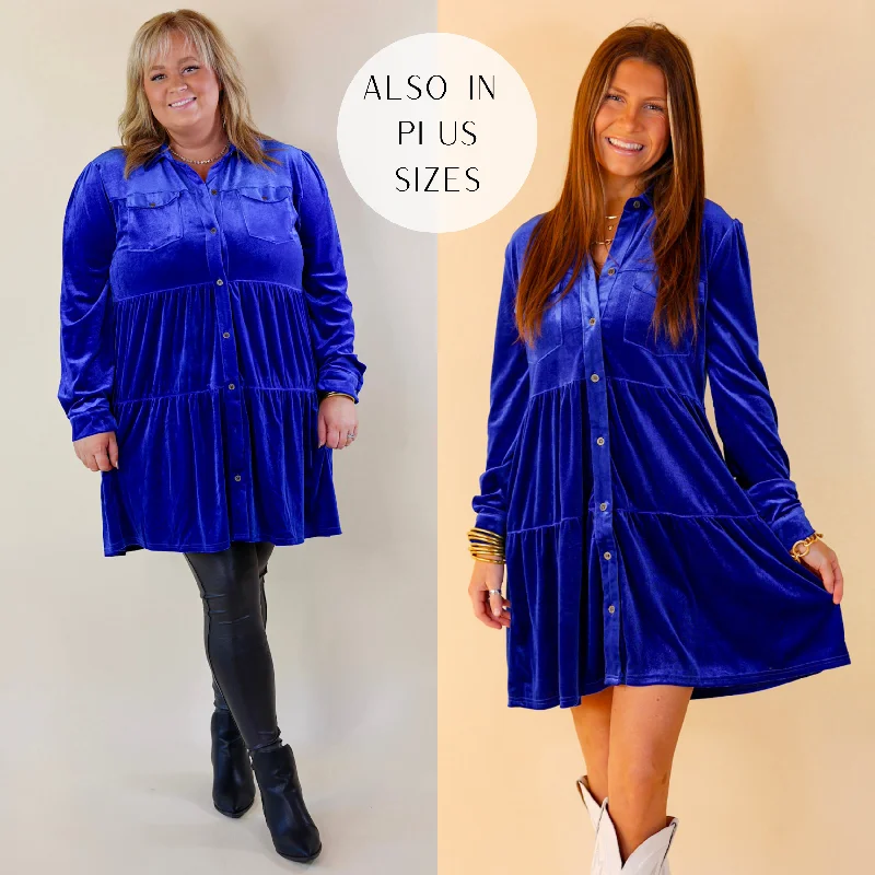 Grateful Gathering Velvet Button Up Dress with Long Sleeves in Royal Blue