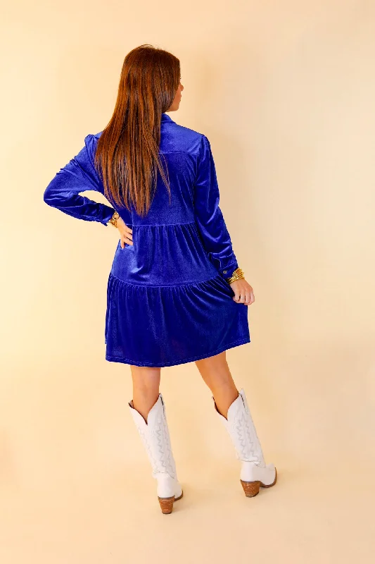 Grateful Gathering Velvet Button Up Dress with Long Sleeves in Royal Blue