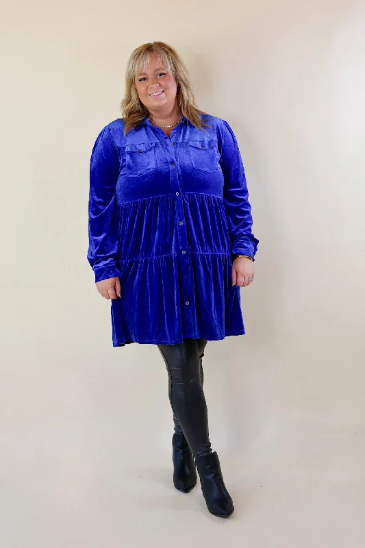 Grateful Gathering Velvet Button Up Dress with Long Sleeves in Royal Blue