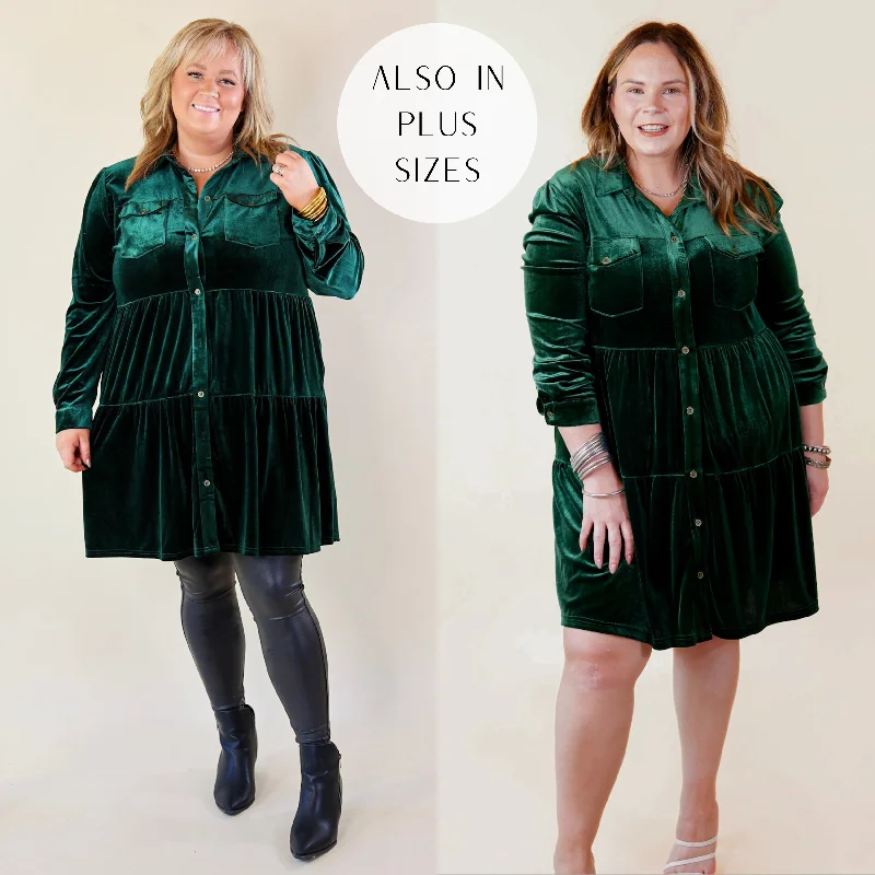 Grateful Gathering Velvet Button Up Dress with Long Sleeves in Emerald Green