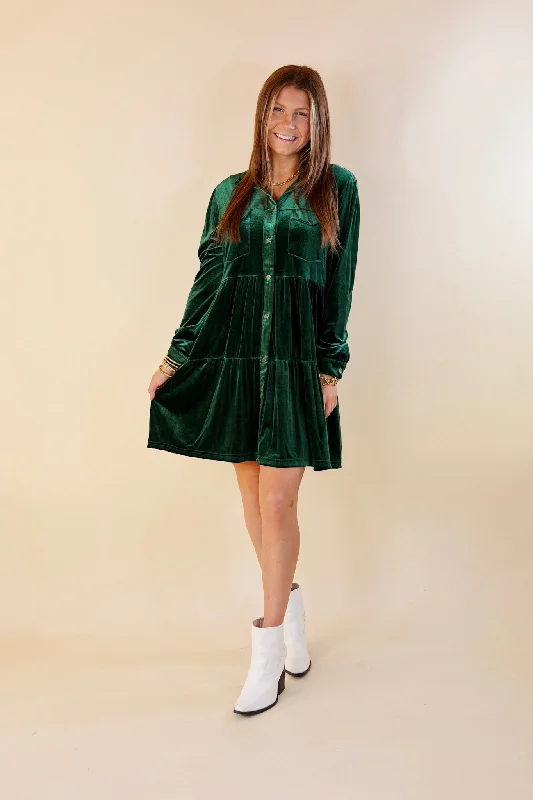 Grateful Gathering Velvet Button Up Dress with Long Sleeves in Emerald Green