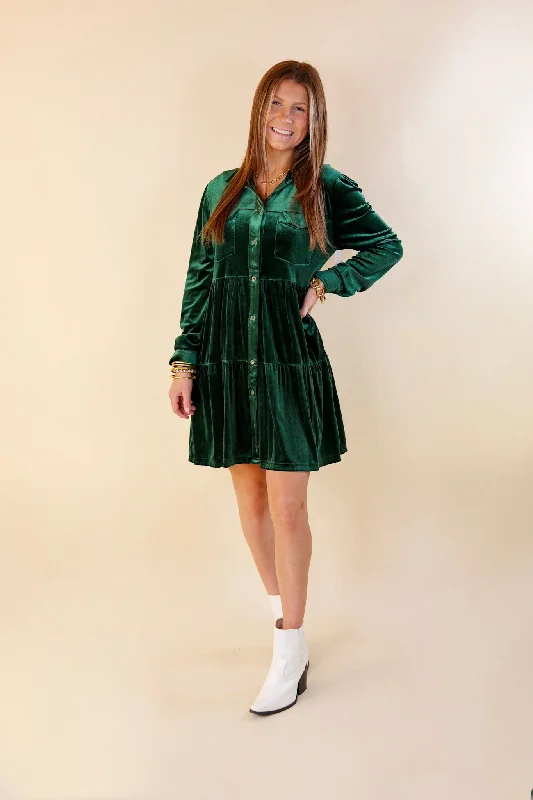 Grateful Gathering Velvet Button Up Dress with Long Sleeves in Emerald Green