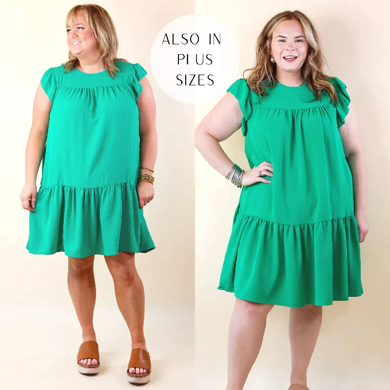 Greek Isles Solid Dress with Ruffle Cap Sleeves in Green