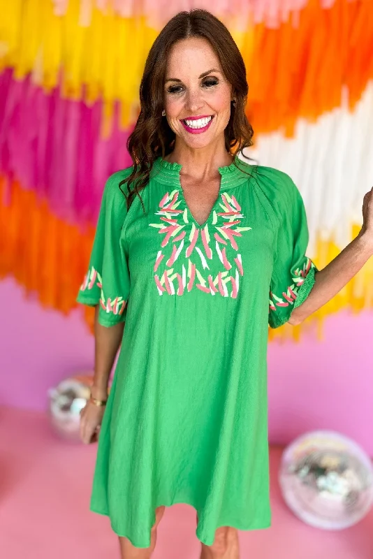 Green Colorful Confetti Embroidery V Neck Dress