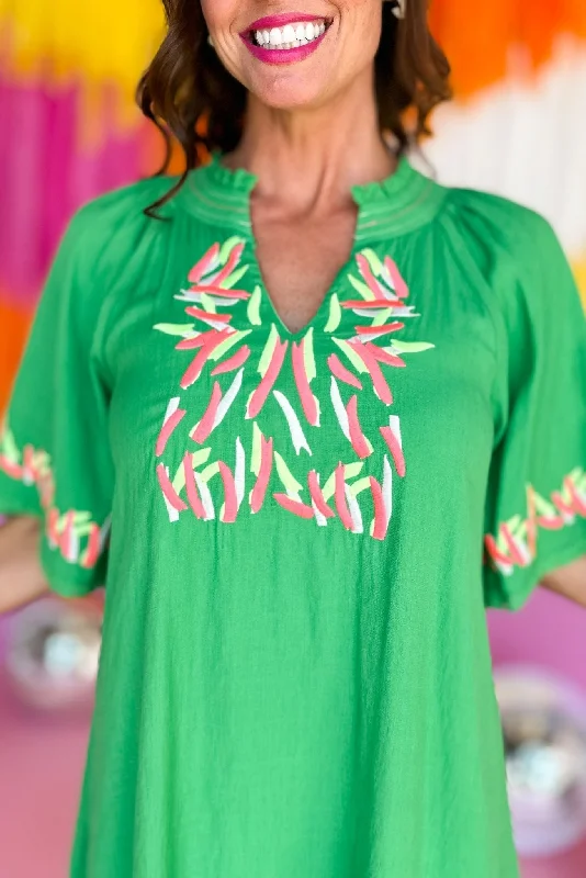 Green Colorful Confetti Embroidery V Neck Dress