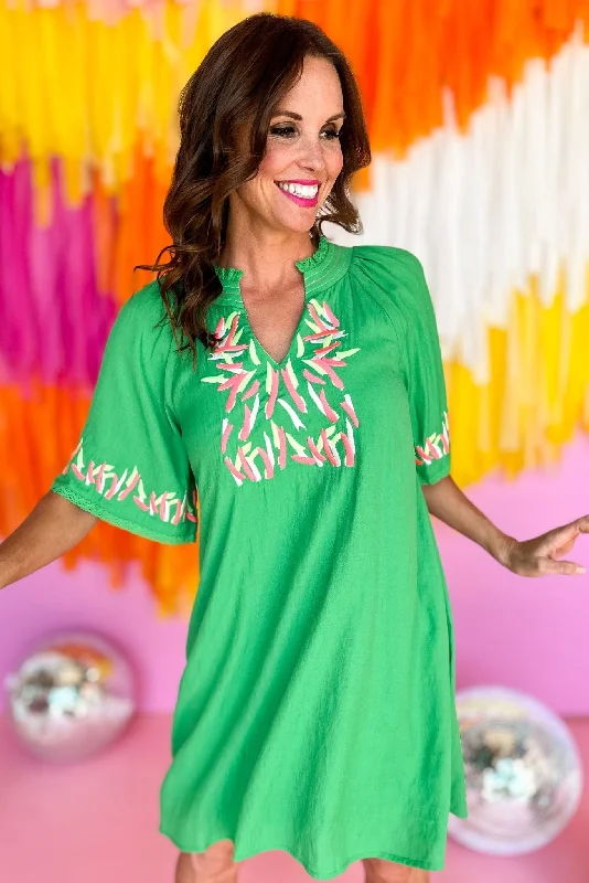 Green Colorful Confetti Embroidery V Neck Dress