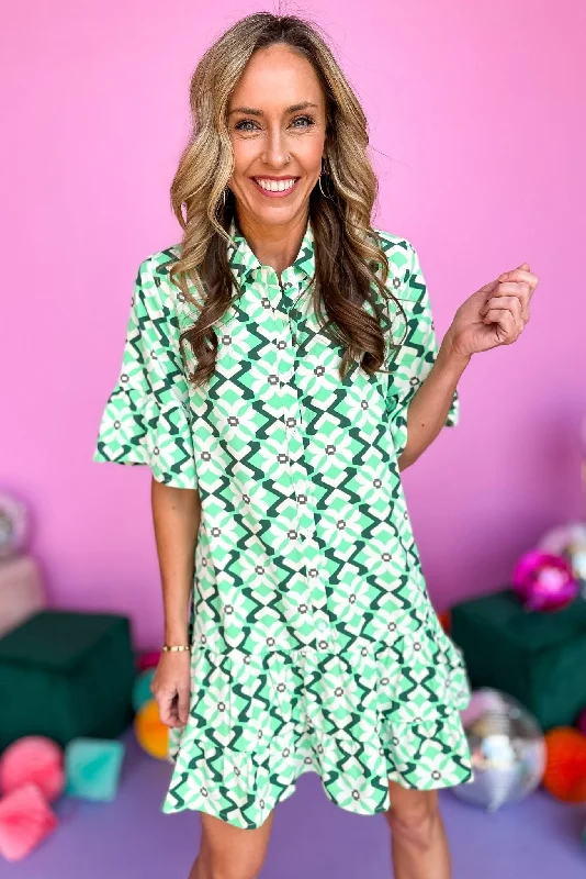 Green Geometric Print Button Front Skirted Dress