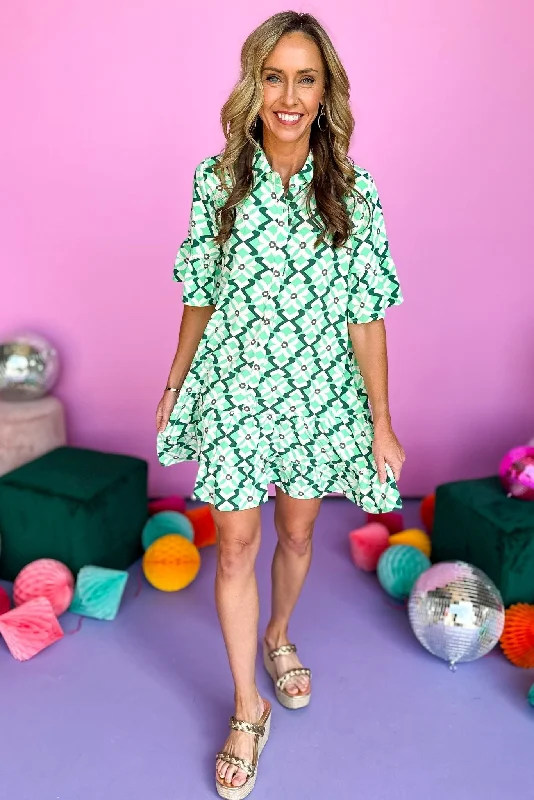 Green Geometric Print Button Front Skirted Dress