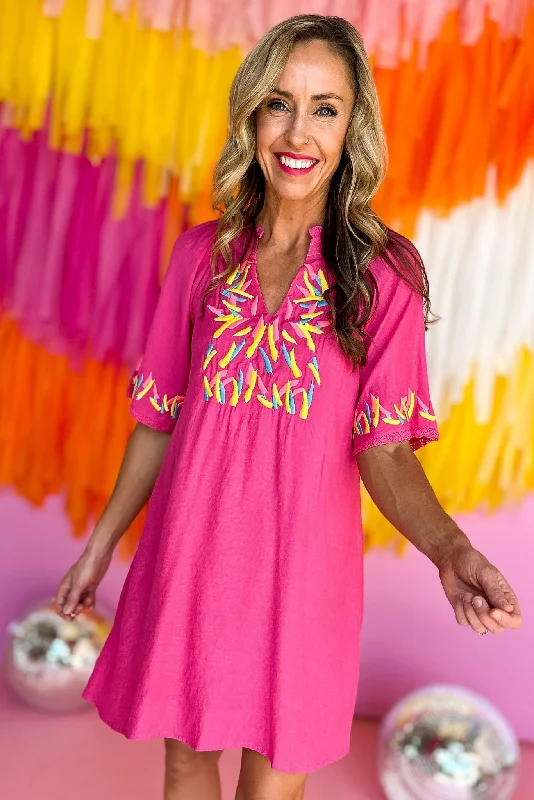 Hot Pink Colorful Confetti Embroidery V Neck Dress