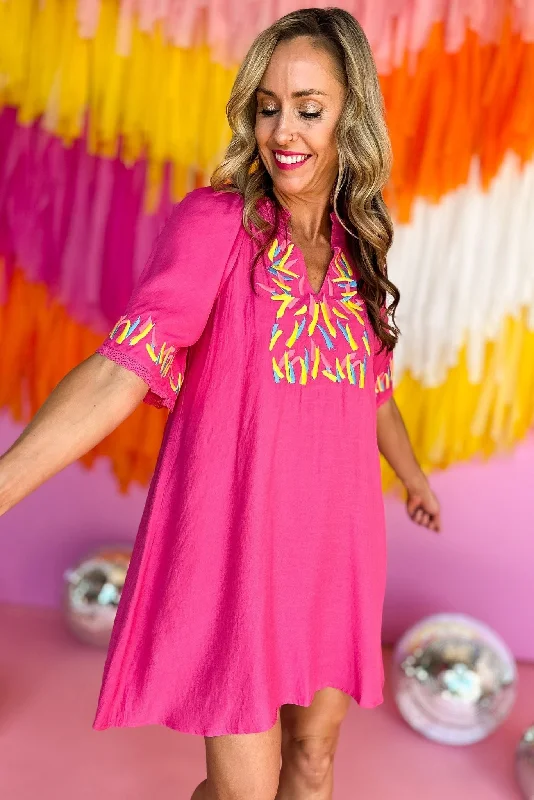 Hot Pink Colorful Confetti Embroidery V Neck Dress