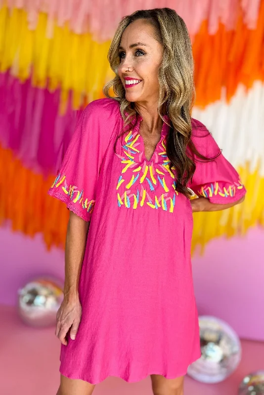 Hot Pink Colorful Confetti Embroidery V Neck Dress