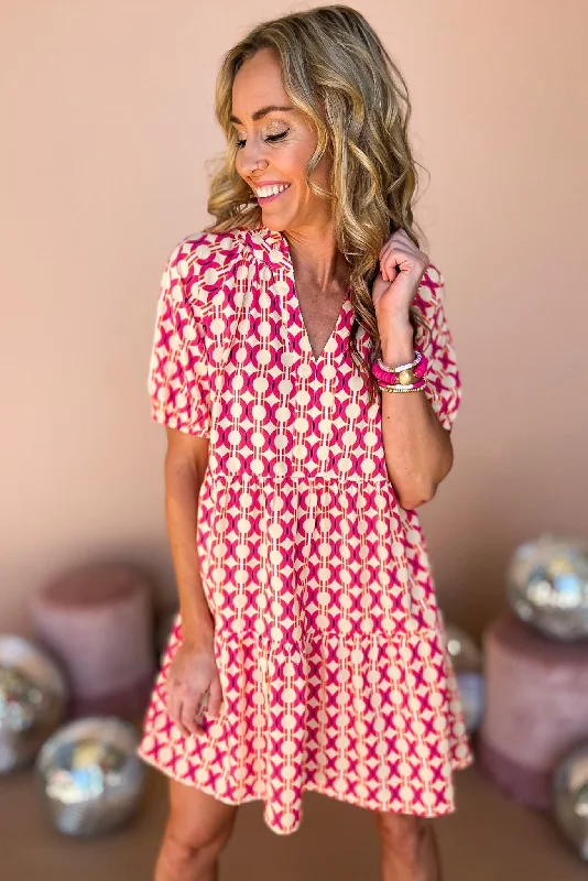 Hot Pink Geometric V Neck Tiered Dress