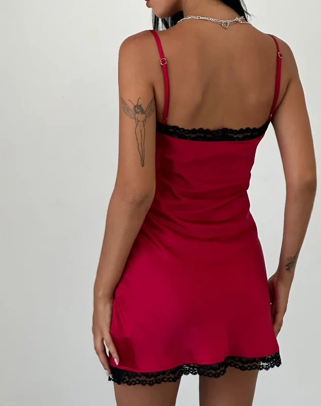 Larna Satin Mini Dress in Red with Black Lace Trimming