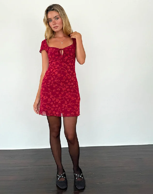 Lashka Mini Dress in Red Grunge Floral Flock