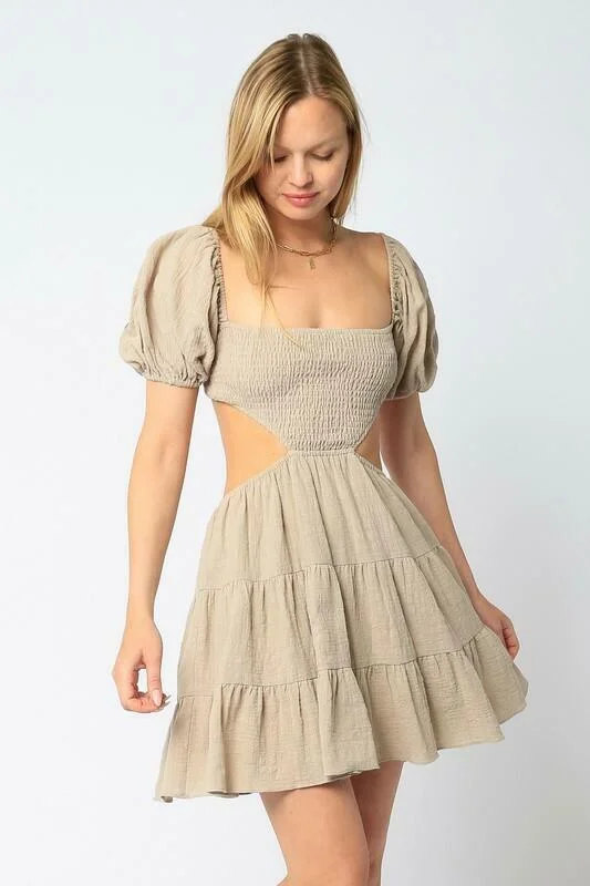 Lindsey Khaki Cutout Puff Sleeve Dress